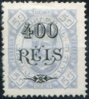 426.jpg -     Lote:    426                   Descrição:         1902 &mdash; D. Carlos I, tipo Diogo Neto. Com sobretaxa. Selo de 400 s/ 50 reis azul claro, papel porcelana, denteado 13 &frac12;, tipo I. Exemplar novo com goma original e sinal de charneira, sem defeitos nem, reparações. Certificado de peritagem de Leilões P. Dias, Lda que o considera como NÃO EMITIDO.         **       Valor Base:     &euro; 250,00     Valor Venda:     &euro;      