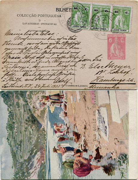 430.jpg -     Lote:    430                   Descrição:         1914 &mdash; Ceres. Bilhete-postal particular, tipo Coleção Portuguesa n.º 9 (Lavadeiras de Penacova) de 6C rosa escuro, OM5, utilizado como postal ilustrado e circulado de S. Vicente (24.07.23) para Hamburgo, com tira de 3 selos tipo Ceres de 20c verde claro, denteado 15x14, papel porcelana, MF148, para pagar o porte de bilhetes-postais simples circulado para o estrangeiro (Decreto nº 8.697 de 08.03.1923 do Ministério das Colónias). Exemplar sem defeitos nem reparações. MB.         IC       Valor Base:     &euro; 50,00     Valor Venda:     &euro;      