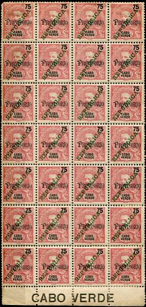 431.jpg -     Lote:    431                   Descrição:         1913/14 &mdash; D. Carlos I Mouchon com sobrecarga REPUBLICA tipografada localmente sobre selos com sobrecarga "PROVISORIO". MF154, 75 reis carmim. Folha completa com 28 selos, selo n.º 26 com variedade "REP UBLICA". Um selo com canto curto e ligeiros vestígios de óxido no verso. Valor de catálogo &euro; 515,00.         ***/**       Valor Base:     &euro; 90,00     Valor Venda:     &euro;      