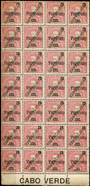 432.jpg -     Lote:    432                   Descrição:         1913/14 &mdash; D. Carlos I Mouchon com sobrecarga REPUBLICA tipografada localmente sobre selos com sobrecarga "PROVISORIO". MF154, 75 reis carmim. Folha completa com 28 selos, selo n.º 21 com variedade "1" INVERTIDO em vez de "I" na sobrecarga "REPUBLICA". Variedade não catalogada. Aflorações de óxido no verso.         ***       Valor Base:     &euro; 90,00     Valor Venda:     &euro;      