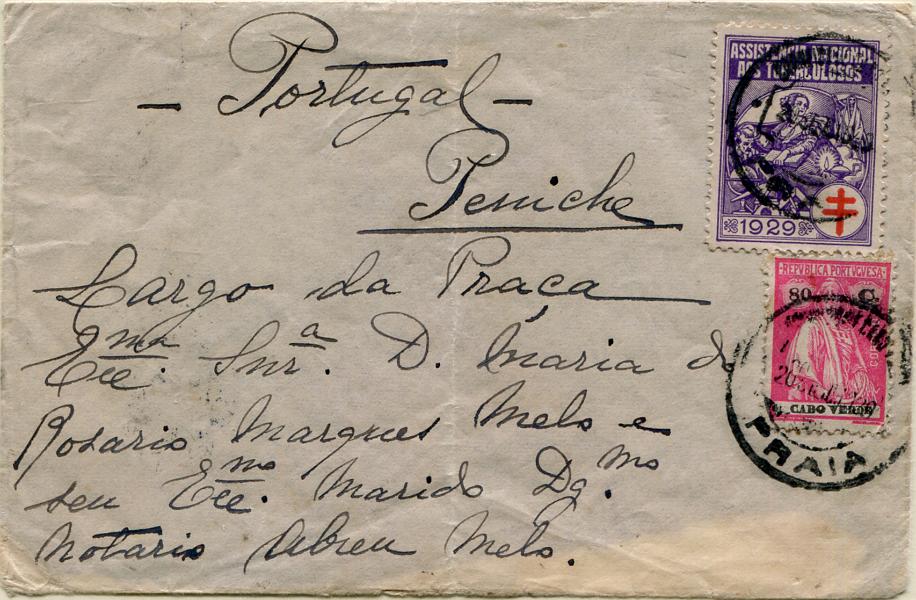 435.jpg -     Lote:    435                   Descrição:         1922 &mdash; Ceres. MF180, 80C carmim rosa, denteado 12x11 &frac12;, papel liso em sobrescrito circulado da Praia (20.09.29) para Peniche (01.10.29) para pagar o porte simples de cartas para Portugal com peso até 20g (Decreto nº 9.613 de 23.04.1924 do Ministério das Colónias). Exemplar sem defeitos nem reparações com vinheta da ANT para o ano de 1929).         Carta       Valor Base:     &euro; 35,00     Valor Venda:     &euro;      
