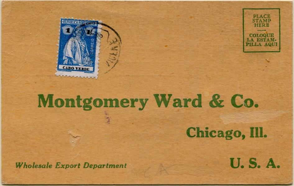436.jpg -     Lote:    436                   Descrição:         1926 &mdash; Ceres. MF194, 1E azul escuro, papel porcelana, denteado 12x11 &frac12; em bilhete-postal circulado de S. Vicente (??.??.28) para Chicago para pagar o porte de bilhetes-postais simples ($96) e excesso de porte ($04).         PI       Valor Base:     &euro; 25,00     Valor Venda:     &euro;      