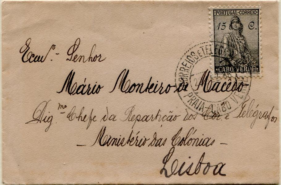 439.jpg -     Lote:    439                   Descrição:         1934 &mdash; Ceres. Novo tipo. Papel filigranado. Sobrescrito de reduzidas dimensões para cartões de visita circulado da Praia (22.12.36) para Lisboa com selo de 15C preto, MF202 para pagar o porte simples para impressos com peso até 50g remetidos para Portugal (Decreto nº 20.317 de 14.09.1931 do Ministério das Colónias). Exemplar sem defeitos nem reparações.         Carta       Valor Base:     &euro; 25,00     Valor Venda:     &euro;      