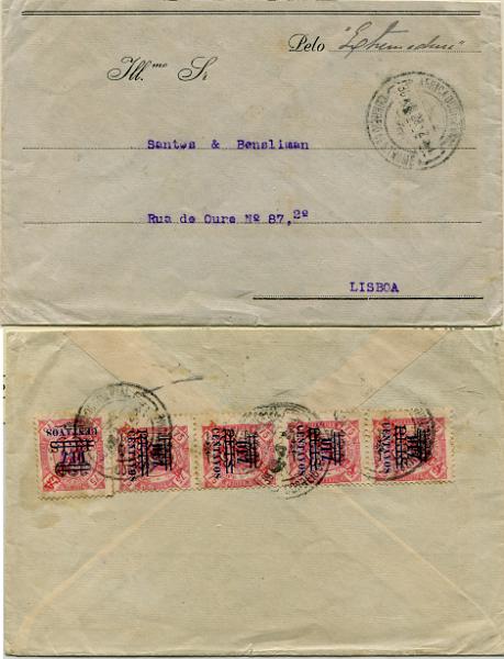 442.jpg -     Lote:    442                   Descrição:         1923 &mdash; D. Carlos I, com sobretaxa, tipografada localmente a azul. MF263, 10C s/ 130 reis s/ 75 reis, carmim, papel pontinhado vertical. Cinco selos em sobrescrito circulado de S. Tomé (30.04.26) para Lisboa, perfazendo 50C correspondente ao porte simples para cartas a expedir para Portugal, com o peso até 20g.         Carta       Valor Base:     &euro; 125,00     Valor Venda:     &euro;      