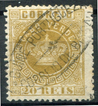 447.jpg -     Lote:    447                   Descrição:         Percursores. 1877 &mdash; Coroa. Selos de Cabo Verde utilizados na Guiné. MF3, 20 reis bistre, denteado 12 Ÿ, papel liso fino, obliterado com carimbo elíptico "GUINÉ PORTUGUESA / CORREIO DE BISSAU". B e MR.         O       Valor Base:     &euro; 100,00     Valor Venda:     &euro;      