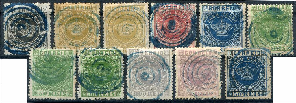 448.jpg -     Lote:    448                   Descrição:         Percursores. 1877 &mdash; Coroa. Selos de Cabo Verde utilizados na Guiné. Lote composto por 11 selos de 5 reis preto, 2x20 reis, 25 reis, 40 reis azul, 3x50 reis verde, 100 reis lilás, 25 reis violeta e 50 reis azul, MF1, 3, 4, 5, 6, 7,12 e 14. Na generalidade exemplares sem defeitos nem reparações, obliterados com carimbos de circunferências concêntricas de dois tipos diferentes. Acompanham 8 certificados de peritagem. B e R.         O       Valor Base:     &euro; 550,00     Valor Venda:     &euro;      