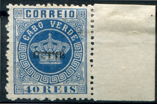451.jpg -     Lote:    451                   Descrição:         1879/82 &mdash; Coroa. Selos de Cabo Verde, com sobrecarga GUINÉ pequena * Não emitidos. MF5, 40 reis azul, denteado 12 Ÿ, bordo de folha, sem goma como emitidos. Exemplar sem defeitos nem reparações. Certificado de peritagem de Portucale Philatelicus. Valor de catálogo &euro; 2.300,00.         *       Valor Base:     &euro; 500,00     Valor Venda:     &euro;      