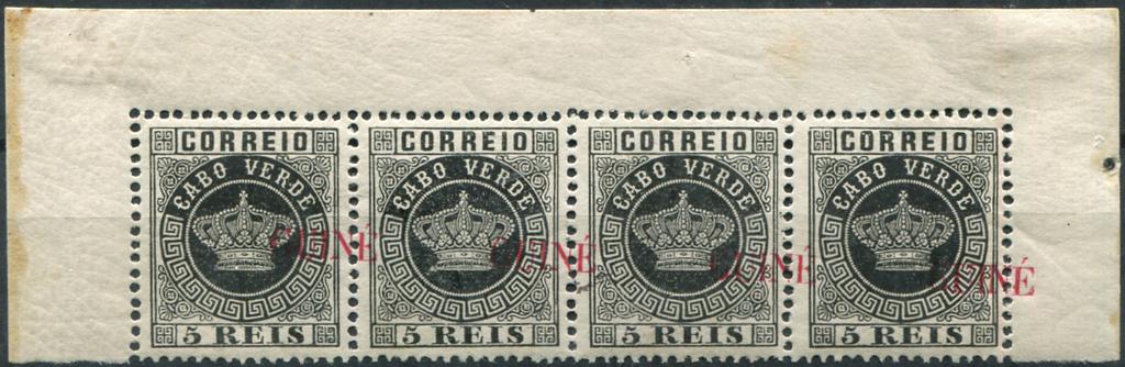 462.jpg -     Lote:    462                   Descrição:         1879/84 &mdash; Coroa. Selos de Cabo Verde, com sobrecarga "GUINÉ" grande. MF10, 5 reis preto, denteado 12 Ÿ, papel liso médio. Tira horizontal com 4 selos, topo de folha, novos com goma original, parcial em dois selos, sem sinal de charneira, sem reparações nem defeitos e com a SOBRECARA MUITO DESLOCADA. Não catalogada.         **       Valor Base:     &euro; 100,00     Valor Venda:     &euro;      