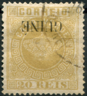 464.jpg -     Lote:    464                   Descrição:         1879/84 &mdash; Coroa. Selos de Cabo Verde, com sobrecarga GUINÉ grande. MF12a, 20 reis bistre, papel liso, denteado 13 &frac12;. Exemplar usado, sem defeitos nem reparações, com a SOBRECARGA INVERTIDA. Não catalogado.         O       Valor Base:     &euro; 25,00     Valor Venda:     &euro;      