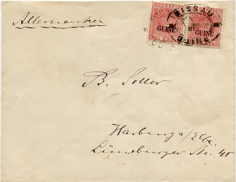 465.jpg -     Lote:    465                   Descrição:         1885 &mdash; Coroa. Selos de Cabo Verde com sobrecarga "GUINÉ" grande. Novas cores. MF13, 25 reis vermelho, papel liso, denteado 12 &frac12;. Par horizontal em sobrescrito circulado de Bissau (para a Alemanha (20.08.92) com trânsito por Lisboa (17.08.92), transportado no trajeto para Lisboa pelo vapor Angola que saiu de Luanda a 21.07.92 e chegou a Lisboa a 17.08.92". Exemplar muito raro, muito bem conservado, sem reparações nem defeitos. Certificado de peritagem de Leilões P. Dias, Lda. MB.         Carta       Valor Base:     &euro; 4.000,00     Valor Venda:     &euro;      