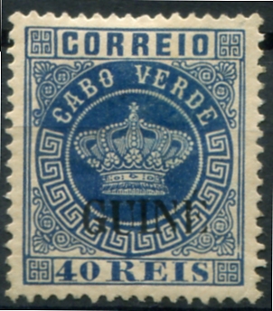 466.jpg -     Lote:    466                   Descrição:         1879/84 &mdash; Coroa. Selos de Cabo Verde, com sobrecarga GUINÉ grande. MF14a, 40 reis azul, papel liso, denteado 13 &frac12;. Exemplar novo sem goma, sem defeitos nem reparações, com boa cor. Certificado de peritagem de Leilões P. Dias, Lda. Valor de catálogo &euro; 400,00.         *       Valor Base:     &euro; 80,00     Valor Venda:     &euro;      