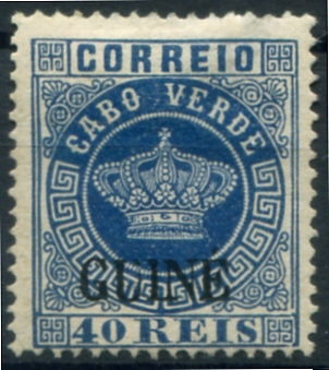 467.jpg -     Lote:    467                   Descrição:         1879/84 &mdash; Coroa. Selos de Cabo Verde, com sobrecarga GUINÉ grande. MF14a, 40 reis azul, papel liso, denteado 13 &frac12;. Exemplar novo sem goma, sem defeitos nem reparações, com boa cor. Valor de catálogo &euro; 400,00.         (*)       Valor Base:     &euro; 75,00     Valor Venda:     &euro;      