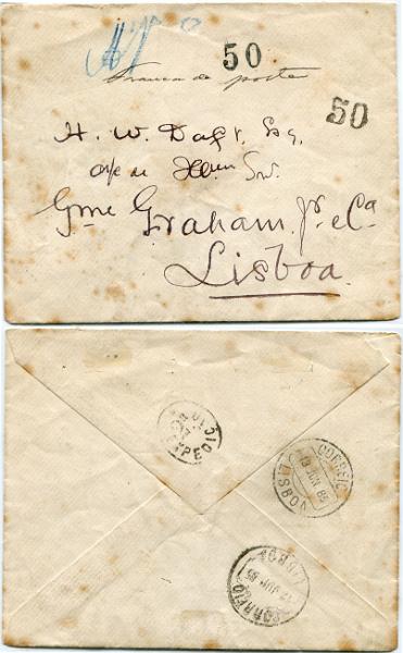 468.jpg -     Lote:    468                   Descrição:         1885 &mdash; Selos fixos de recurso. Sobrescrito circulado de Bissau para Lisboa (12 e 13.06.85) com marca manuscrita "FRANCA DE PORTE", aplicada em Bissau e com selo fico de "50" reis aplicado também em Bissau, batido a preto e também selo fixo de "50" reis, aplicado em Lisboa. Método de franqueio utilizado no período de 1885 a 1886 na Guiné, autorizado pelo Diretor dos Correios Aníbal Barbosa Vicente. Exemplar referenciado por Marsden no número especial do Timbre-Poste editado em 1887 a propósito da falta de selos naquela colónia. Exemplar sem reparações, com algumas aflorações de óxido. Certificado de peritagem de Leilões P. Dias, Lda.         Carta       Valor Base:     &euro; 400,00     Valor Venda:     &euro;      