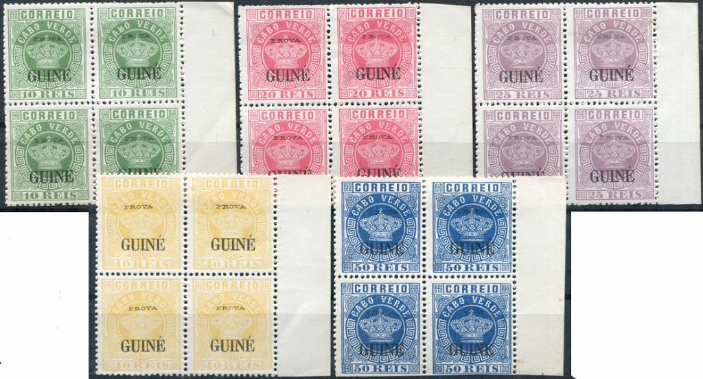 475.jpg -     Lote:    475                   Descrição:         1885 &mdash; Coroa. Selos de Cabo Verde, com sobrecarga "GUINÉ" grande. MF19/23. Série completa em QUADRAS bordo de folhas, de reimpressões de 1885, denteado 13 &frac12;, com sobrecarga "PROVA" pequena, horizontal a preto. Exemplares com boa cor, sem defeitos ou reparações. Valor de catálogo &euro; 700,00.         R*       Valor Base:     &euro; 150,00     Valor Venda:     &euro;      