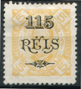 479.jpg -     Lote:    479                   Descrição:         1902 &mdash; D. Carlos I, tipo Diogo Neto, com sobretaxa. MF76b, 115 s/ 5 reis amarelo, papel porcelana, denteado 12 Ÿ. Exemplar sem goma, assinado no verso, sem defeitos nem reparações. Valor de catálogo &euro; 130,00.         *       Valor Base:     &euro; 35,00     Valor Venda:     &euro;      
