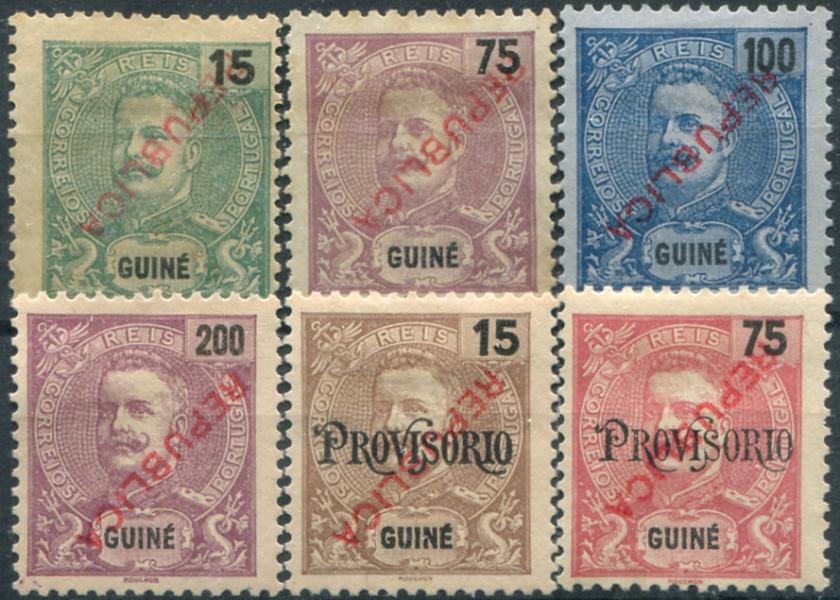482.jpg -     Lote:    482                   Descrição:         1913 &mdash; D. Carlos I, com sobrecarga REPUBLICA tipografada localmente. MF137/142. Série completa com a sobrecarga INVERTIDA. Selos sem goma como emitidos, com boa cor, sem defeitos ou reparações. Quatro das sobrecargas invertidas não catalogadas. B e MR. Certificado de peritagem de J. Miranda da Mota. Valor de catálogo &euro; 720,00.         *       Valor Base:     &euro; 150,00     Valor Venda:     &euro;      
