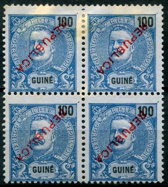 483.jpg -     Lote:    483                   Descrição:         1913 &mdash; D. Carlos I, com sobrecarga "REPUBLICA" tipografada localmente. MF139a, 100 reis azul s/ azul. Quadra. Exemplar sem reparações com três pequenas zonas desbotadas nos selos superiores, sem goma como emitidos, com a SOBRECARGA INVERTIDA. Valor de catálogo &euro; 480,00.         *       Valor Base:     &euro; 85,00     Valor Venda:     &euro;      