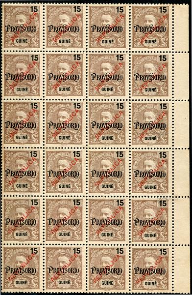 484.jpg -     Lote:    484                   Descrição:         1913 &mdash; D. Carlos I, com sobrecarga "REPUBLICA" tipografada localmente. MF141, 15 reis castanho "PROVISORIO". Bloco com 24 selos. Exemplar sem goma como emitido, sem defeitos nem reparações. Valor de catálogo &euro; 840,00.         *       Valor Base:     &euro; 125,00     Valor Venda:     &euro;      