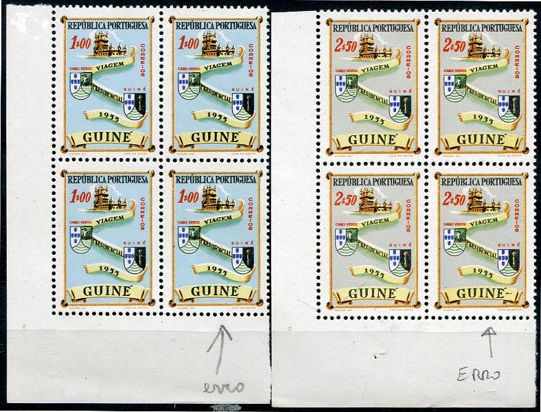 489.jpg -     Lote:    489                   Descrição:         1955 &mdash; Viagem Presidencial. MF282a/283a. Série em quadras, com selos na posição 92 da folha, com "3" INVERTIDO no segundo "E" de "PRESIDENCIAL". MB.         ***       Valor Base:     &euro; 30,00     Valor Venda:     &euro;      