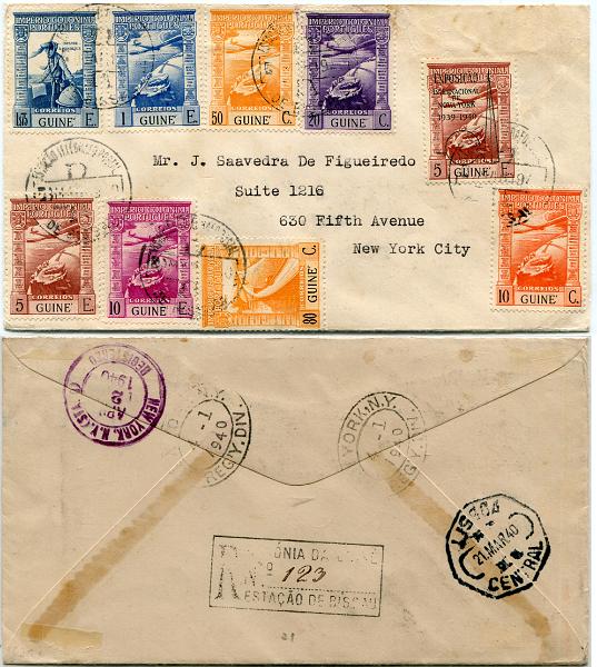 491.jpg -     Lote:    491                   Descrição:         1938/39 &mdash; Império Colonial Português + Império Colonial Português * Correio aéreo + Império Colonial Português com sobrecarga "Exposição Internacional de Nova York 1939-1940. Sobrescrito circulado registado de Bissau (03.03.40) para Nova York (01.04.40) com trânsito por Lisboa (21.03.40) com selos de 80c e 1$75 MF234 e 238 + 10c, 20c, 50c, 1E, 5E e 10E, CD CA &frac14;, 7 e 9 + 5E CE CA7a. Exemplar sem defeitos nem reparações.         Carta       Valor Base:     &euro; 300,00     Valor Venda:     &euro;      