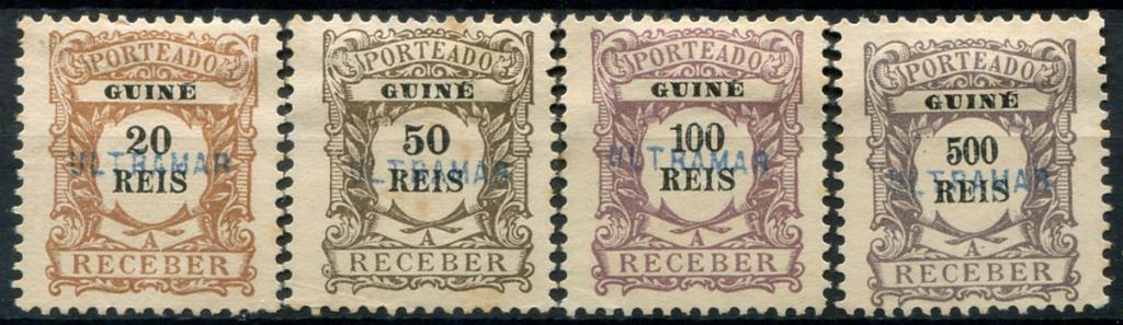 492.jpg -     Lote:    492                   Descrição:         1904 &mdash; Porteado. Emissão regular. MF POR3, 5, 7 e 10, 20 reis castanho claro, 50 reis castanho cinzento, 100 reis lilás e 500 reis violeta. Exemplares sem goma como emitidos, sem defeitos nem reparações com sobrecarga "ULTRAMAR" aplicada no Ministério do Ultramar aos selos recebidos da UPU para lhes retirar a poder de circulação. Apenas era aplicada a sobrecarga a 21 selos de cada taxa. Esta sobrecarga foi aplicada até 1912. MR.         *       Valor Base:     &euro; 80,00     Valor Venda:     &euro;      