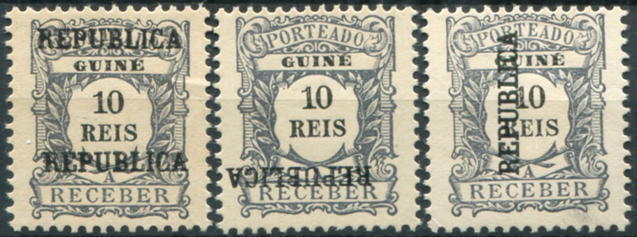 493.jpg -     Lote:    493                   Descrição:         1919 &mdash; Porteado. Emissão regular de 1904, com sobrecarga REPUBLICA tipografada localmente. MF21, 10 reis ardósia, papel pontinhado, denteado 11 Ÿ. Lote com 3 selos, um com DUPLA sobrecarga, outro com sobrecarga INVERTIDA e outro com a sobrecarga VERTICAL em vez de horizontal. Não catalogados. Exemplares sem goma como emitidos, sem defeitos nem reparações.         *       Valor Base:     &euro; 50,00     Valor Venda:     &euro;      