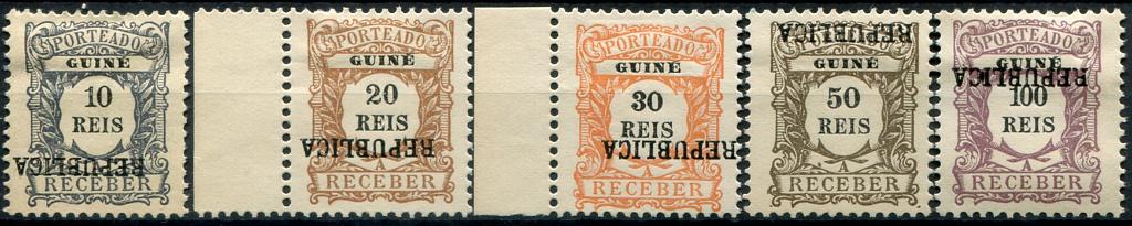 494.jpg -     Lote:    494                   Descrição:         1919 &mdash; Porteado. Emissão regular. Selos de 1904 com a sobrecarga REPUBLICA tipografada localmente. MF POR2&frac12;5, 10 reia ardósia, 20 reis castanho claro, 30 reis laranja, 50 reis castanho cinzento e 100 reis lilás malva. Exemplares sem goma como emitidos, sem defeitos nem reparações, com as SOBRECARGA INVERTIDAS.          *       Valor Base:     &euro; 60,00     Valor Venda:     &euro;      