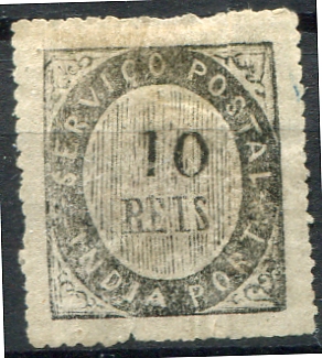 500.jpg -     Lote:    500                   Descrição:         1871 &mdash; Nativos. Tipo I. MF1, 10 reis preto, papel pontinhado em losango, denteado 14/18 de linha. Exemplar com dobra vertical, bem centrado e com goma original em parte do selo. Certificado de peritagem do INEXFIP. Valor de catálogo &euro; 900,00.         **       Valor Base:     &euro; 180,00     Valor Venda:     &euro;      