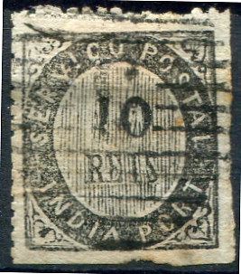 501.jpg -     Lote:    501                   Descrição:         1871 &mdash; Nativos. Tipo I. MF1, 10 reis preto, papel levemente pontinhado fino, denteado 14/18 de linha. Exemplar usado. Certificado de peritagem do INEXFIP. Valor de catálogo &euro; 550,00.         O       Valor Base:     &euro; 90,00     Valor Venda:     &euro;      