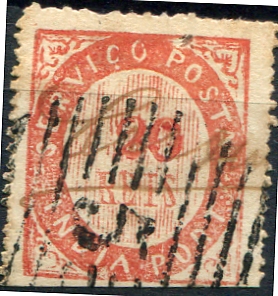 502.jpg -     Lote:    502                   Descrição:         1871 &mdash; Nativos. Tipo I. MF2, 20 reis carmim, papel espesso, denteado 13/16 de linha. Exemplar usado, com carimbo de assinatura no verso, sem reparações, com boa cor, inutilizado à pena e por carimbo "5" de Margão, batido a preto. Certificado de peritagem do INEXFIP. Valor de catálogo &euro; 800,00.         O       Valor Base:     &euro; 120,00     Valor Venda:     &euro;      