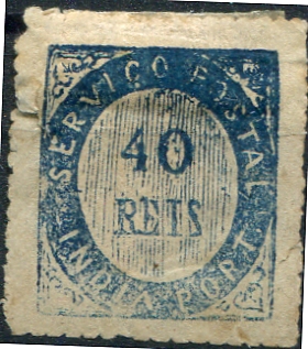 504.jpg -     Lote:    504                   Descrição:         1871 &mdash; Nativos. Tipo I. MF3, 40 reis azul da Prússia, papel levemente pontinhado e fino, denteado 14/18 de linha. Exemplar com dois pequenos cortes, bem centrado e com goma original. Certificado de peritagem do INEXFIP. Valor de catálogo &euro; 850,00.         **       Valor Base:     &euro; 170,00     Valor Venda:     &euro;      