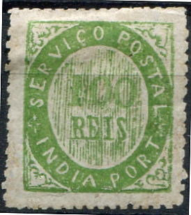 505.jpg -     Lote:    505                   Descrição:         1871 &mdash; Nativos. Tipo I. MF4, 100 reis verde amarelo, papel levemente pontinhado fino, denteado 14/18 de linha. Exemplar bem centrado, sem goma. Valor de catálogo &euro; 900,00.         *       Valor Base:     &euro; 180,00     Valor Venda:     &euro;      