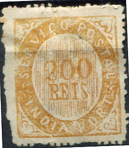 507.jpg -     Lote:    507                   Descrição:         1871 &mdash; Nativos. Tipo I. MF5, 200 reis amarelo ocre, papel levemente pontinhado em losango, denteado 14/18 de linha. Exemplar novo, sem goma, com um pequeno furo. Certificado de peritagem do INEXFIP. Valor de catálogo &euro; 1.700,00.         **       Valor Base:     &euro; 340,00     Valor Venda:     &euro;      