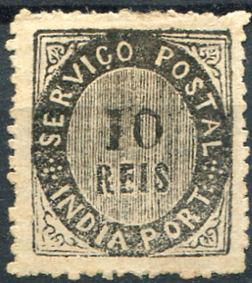 508.jpg -     Lote:    508                   Descrição:         1871 &mdash; Nativos. Tipo II. MF8a, 10 reis preto, papel avergoado, denteado 12 &frac12; a 14 &frac12; de linha. Exemplar sem defeitos nem reparações. Valor de catálogo &euro; 85.00.         *       Valor Base:     &euro; 25,00     Valor Venda:     &euro;      