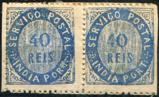 510.jpg -     Lote:    510                   Descrição:         1871 &mdash; Nativos. Tipo II. MF10, 40 reis azul, papel espesso, denteado 12 &frac12; a 14 &frac12; de linha. Par horizontal. Exemplar sem defeitos nem reparações. Valor de catálogo &euro; 330.00.         **       Valor Base:     &euro; 100,00     Valor Venda:     &euro;      