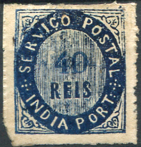 511.jpg -     Lote:    511                   Descrição:         1871 &mdash; Nativos. Tipo II. MF10c, 40 reis azul escuro, papel espesso, denteado 12 &frac12; a 14 &frac12; de linha. Exemplar sem reparações com canto curto. Valor de catálogo &euro; 190.00.         **       Valor Base:     &euro; 25,00     Valor Venda:     &euro;      