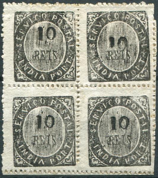 520.jpg -     Lote:    520                   Descrição:         1873 &mdash; Nativos. Tipo IA. MF16, 10 reis preto, papel azulado fino, denteado 12 &frac12; a 14 &frac12; de linha. Quadra. Exemplar sem defeitos nem reparações com goma original, com sinal de charneira nos selos superiores e sem sinal nos selos inferiores.         ***/**       Valor Base:     &euro; 250,00     Valor Venda:     &euro;      