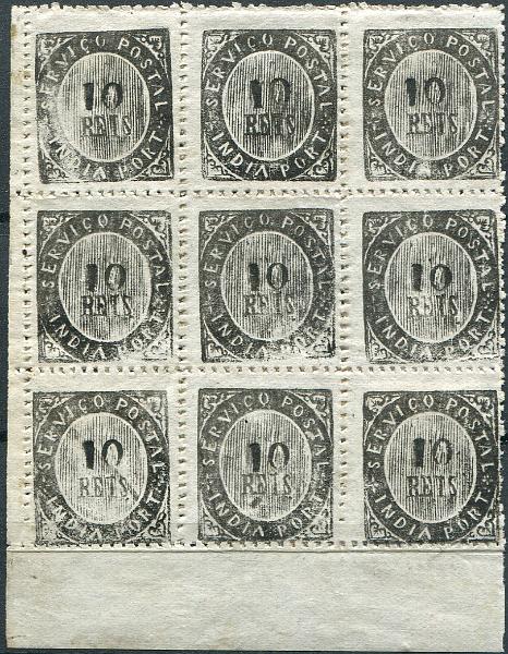 521.jpg -     Lote:    521                   Descrição:         1873 &mdash; Nativos. Tipo IA e IB. MF16 e 16e, 10 reis preto, papel azulado fino, denteado 12 &frac12; a 14 &frac12; de linha. Bloco com 9 selos (3x3) com 5 selos do tipo IA e 4 selos do tipo IB. Exemplar sem defeitos nem reparações com goma original, com sinal de charneira em 4 selos e restantes sem sinal de charneira. MB e MR.         ***/**       Valor Base:     &euro; 300,00     Valor Venda:     &euro;      