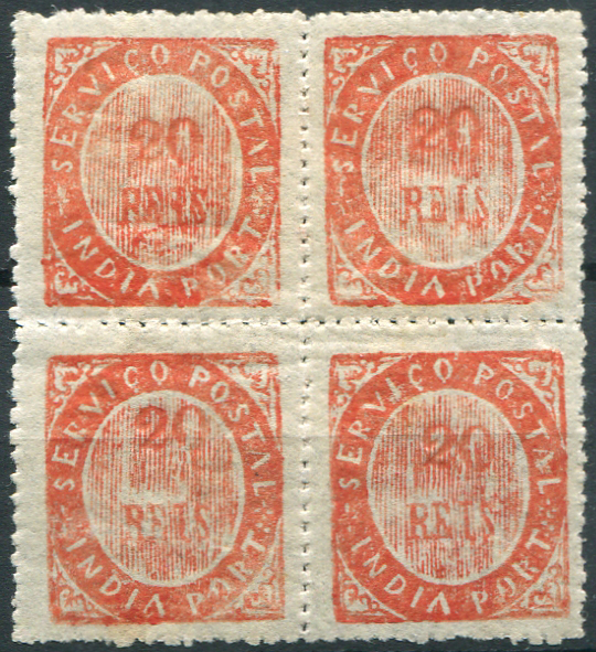 522.jpg -     Lote:    522                   Descrição:         1873 &mdash; Nativos. Tipo IA. MF17c, 20 reis laranja vermelho, papel azulado fino, denteado 12 &frac12; a 14 &frac12; de linha. Quadra. Exemplar sem defeitos nem reparações com goma original, com sinal de charneira nos selos superiores e sem sinal nos selos inferiores.         ***/**       Valor Base:     &euro; 75,00     Valor Venda:     &euro;      