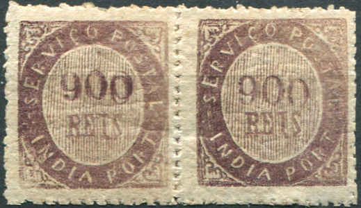 526.jpg -     Lote:    526                   Descrição:         1873 &mdash; Nativos. Tipo IA. MF20a, 900 reis violeta, papel azulado fino, denteado 12 &frac12; a 14 &frac12; de linha. Par horizontal. Exemplar sem defeitos nem reparações com DUPLA IMPRESSÃO DO VALOR no primeiro selo.         **       Valor Base:     &euro; 1.000,00     Valor Venda:     &euro;      