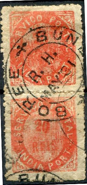532.jpg -     Lote:    532                   Descrição:         1875 &mdash; Nativos. Tipo IIA. MF25, 20 reis laranja vermelho, papel azulado fino, denteado 12 &frac12; a 14 &frac12; de linha. Dois selos ligados por charneira obliterados por carimbo da Índia Inglesa. Exemplar sem reparações, com um dos selos assinado no verso, bem centrados e com boa cor. Certificado de peritagem do INEXFIP.         O       Valor Base:     &euro; 40,00     Valor Venda:     &euro;      