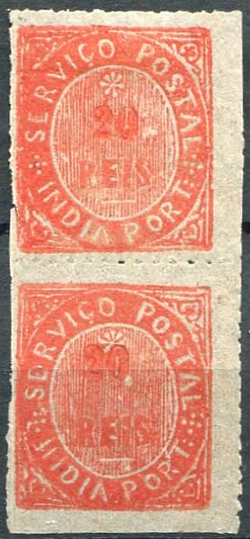 543.jpg -     Lote:    543                   Descrição:         1877 &mdash; Nativos. Tipo III. MF41, 20 reis carmim, papel azulado fino, denteado 12 &frac12; a 14 &frac12; de linha. Par vertical. Exemplar sem defeitos nem reparações.         *       Valor Base:     &euro; 25,00     Valor Venda:     &euro;      