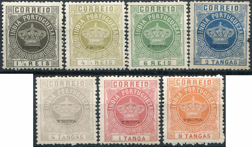 551.jpg -     Lote:    551                   Descrição:         Reimpressões de 1885. 1882 &mdash; Coroa. Valores em moeda local. MF 115/121. Série completa de reimpressões de 1885, com sobrecarga "PROVA" pequena a preto. Valor de catálogo &euro; 245,00.         R*       Valor Base:     &euro; 60,00     Valor Venda:     &euro;      