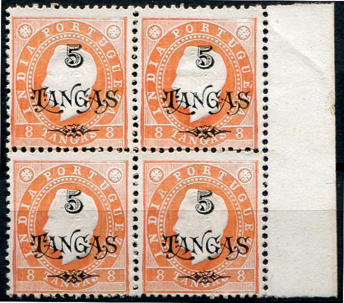 564.jpg -     Lote:    564                   Descrição:         1902 &mdash; D. Luís I, fita direita, com sobretaxa. MF173, 5T s/ 8T laranja, papel porcelana, denteado 12 Ÿ. Quadra, sem goma, bordo de folha, sem defeitos nem reparações. Valor de catálogo &euro; 240,00.         *       Valor Base:     &euro; 40,00     Valor Venda:     &euro;      
