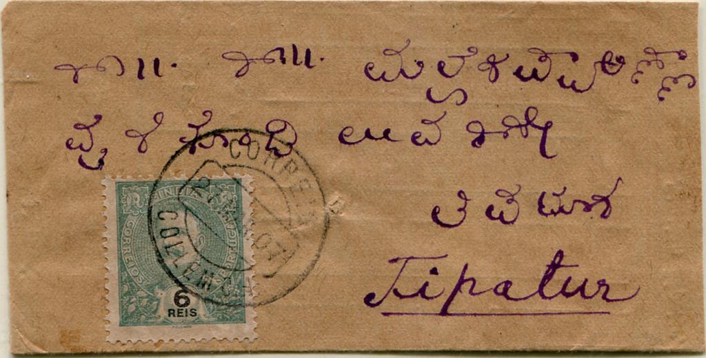 565.jpg -     Lote:    565                   Descrição:         1903 &mdash; D. Carlos I Mouchon. Novas cores. Pequeno sobrescrito circulado de Collem (27.03.07) para Tipatur (28.03.07), com selo de 6 reis, MF190. Carimbo de duplo círculo de ambulância ferroviária "COLLEM C.A.". MB.         Carta       Valor Base:     &euro; 45,00     Valor Venda:     &euro;      