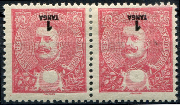 567.jpg -     Lote:    567                   Descrição:         1903 &mdash; D. Carlos I. Novas cores e valores. MF191, 1Tg rosa. Par horizontal, com goma original e sinal de charneira, sem defeitos nem reparações, com impressão INVERTIDA do valor.         **       Valor Base:     &euro; 20,00     Valor Venda:     &euro;      