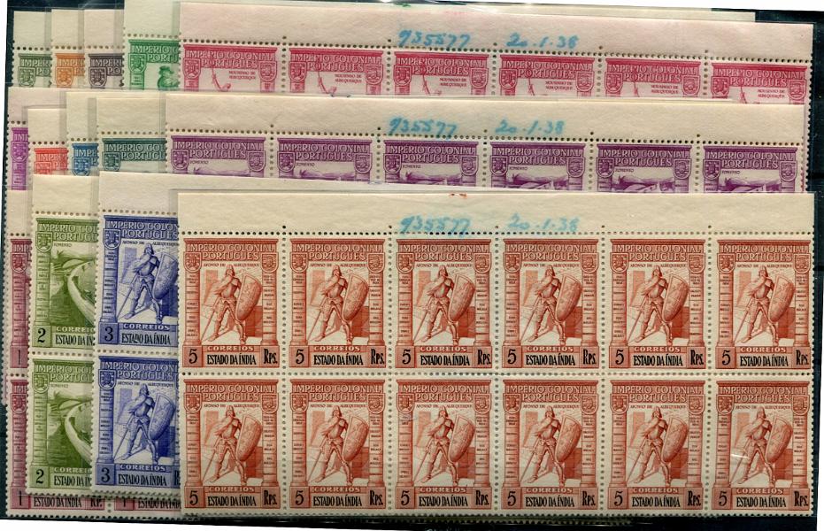 579.jpg -     Lote:    579                   Descrição:         1938 &mdash; Império Colonial Português. MF 348/362. Série completa em blocos de 20 selos (10x2), com goma original sem sinal de charneira, boa cor, sem defeitos, nem reparações. Exemplares com anotações manuscritas com o número de obra e a data da 1.ª tiragem da emissão "935577 / 20.01.38". Exemplares do arquivo da Bradbury, Wilkinson & Co. Ltd. Únicos exemplares.         ***       Valor Base:     &euro; 600,00     Valor Venda:     &euro;      