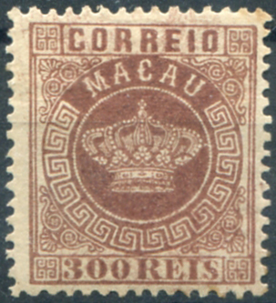 591.jpg -     Lote:    591                   Descrição:         1884 &mdash; Coroa. MF9, 300 reis castanho vermelho, papel liso fino, denteado 12 &frac12;, com goma não original. Selo com boa cor, sem defeitos, nem reparações e com DUPLA IMPRESSÃO da moldura, pouco nítida. Certificado de peritagem de Leilões P. Dias, Lda. Não catalogada.         (*)       Valor Base:     &euro; 75,00     Valor Venda:     &euro;      