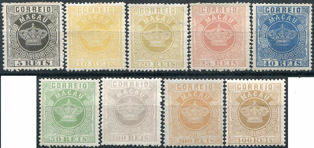 592.jpg -     Lote:    592                   Descrição:         Reimpressões de 1885. 1884 &mdash; Coroa. MF 1/9. Série completa de reimpressões de 1885 em denteado 13 &frac12;. Valor de catálogo &euro; 630,00.         R*       Valor Base:     &euro; 125,00     Valor Venda:     &euro;      
