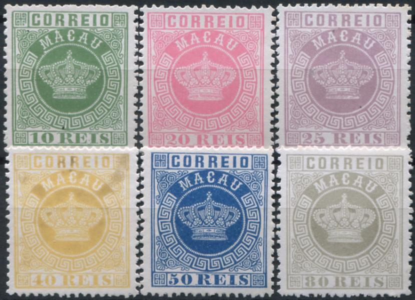 596.jpg -     Lote:    596                   Descrição:         1885/86 &mdash; Coroa. Novas cores e valores. Reimpressões de 1885. MF16/21. Série completa de reimpressões em denteado 13 &frac12;. Exemplares sem goma como emitidos, sem defeitos nem reparações. Valor de catálogo &euro; 420,00.         R*       Valor Base:     &euro; 100,00     Valor Venda:     &euro;      